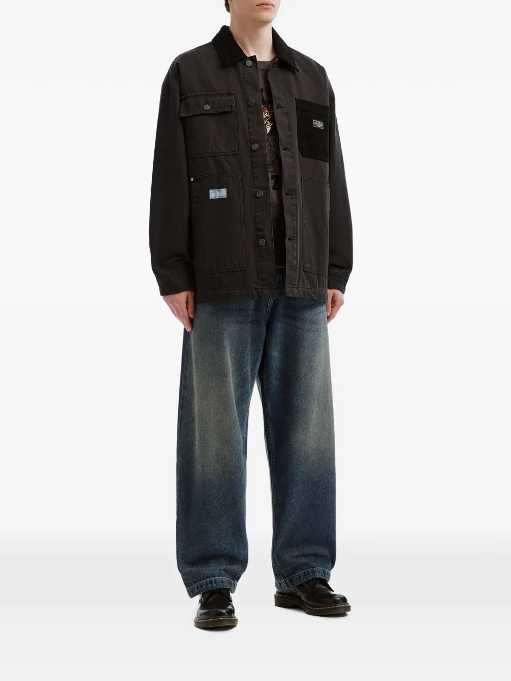 izzue corduroy-trim multi-pocket shirt jacket Zwart