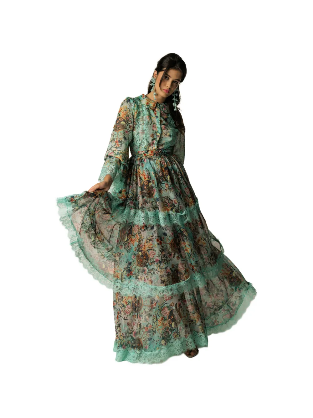 MIAU by Clara Rotescu Nerine floral-print lace-trim maxi dress - Verde