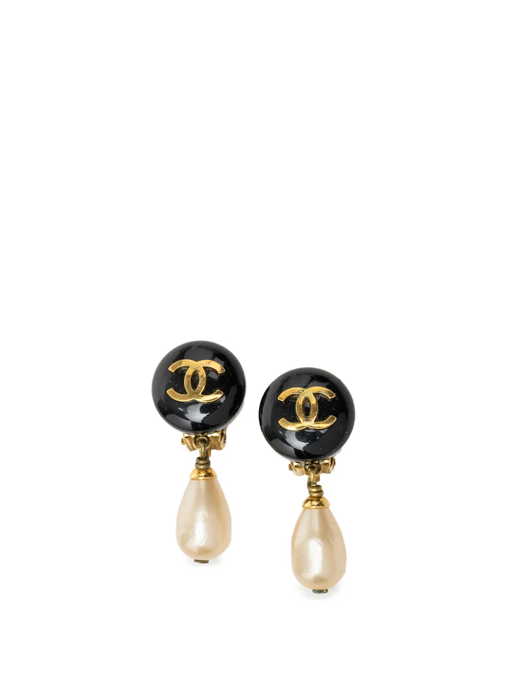 CHANEL Pre-Owned 1990-2010 CC Gold Plated Resin and Faux Pearl Drop Clip On Earrings costume earrings - Nero