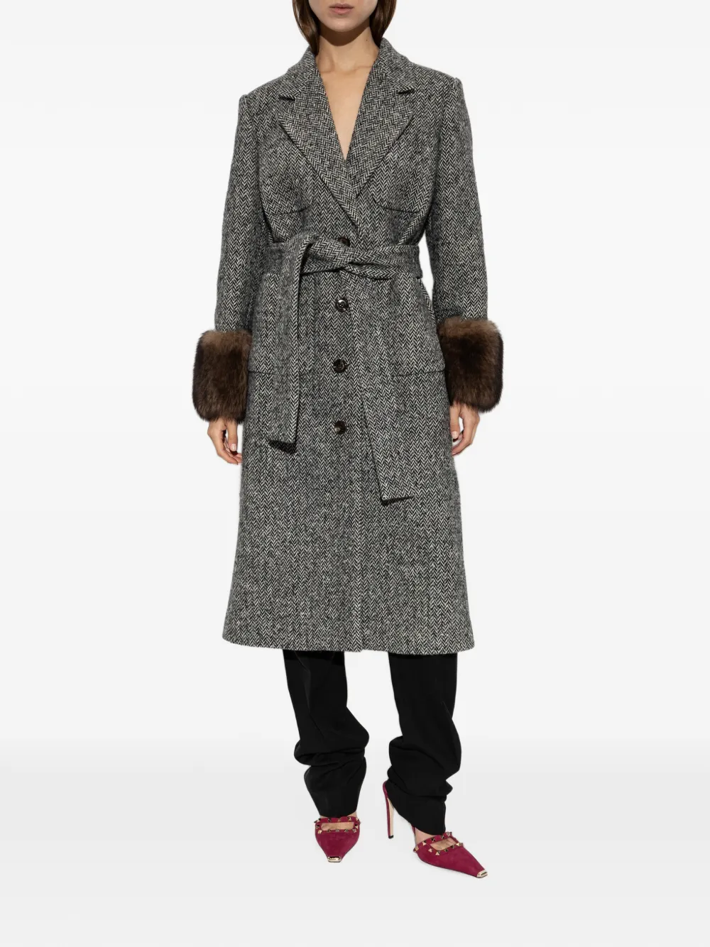 Valentino Garavani herringbone-pattern faux-fur-trim coat Grijs