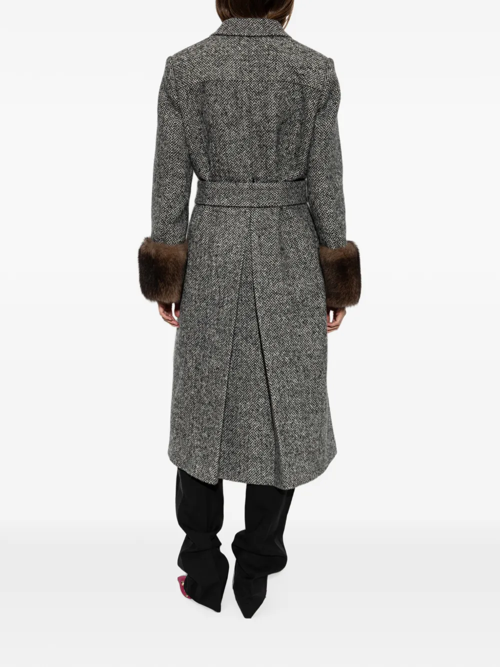 Valentino Garavani herringbone-pattern faux-fur-trim coat Grijs