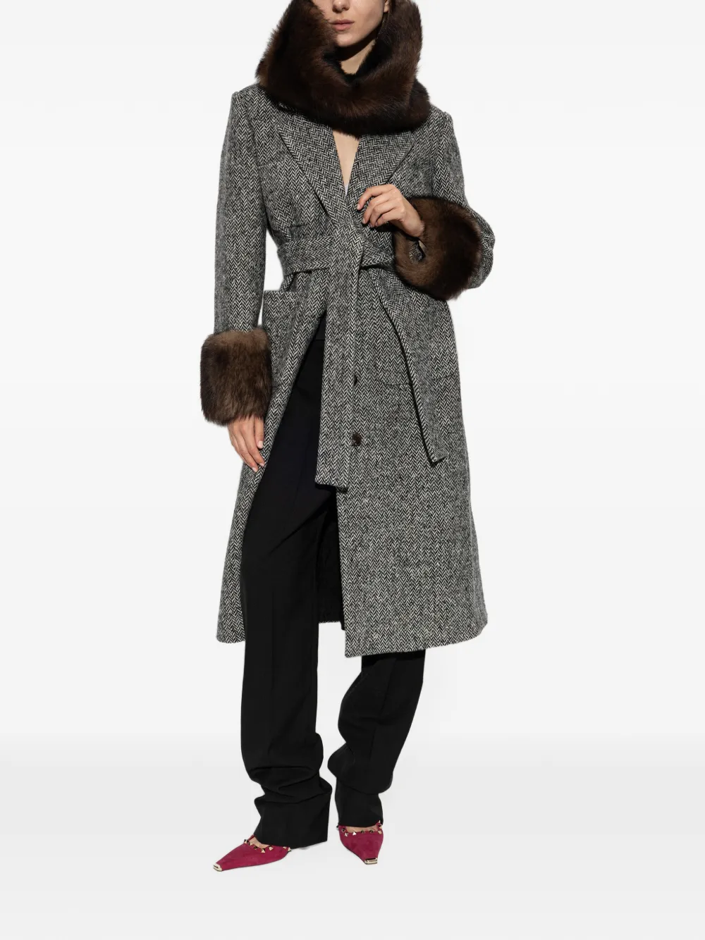 Valentino Garavani herringbone-pattern faux-fur-trim coat Grijs