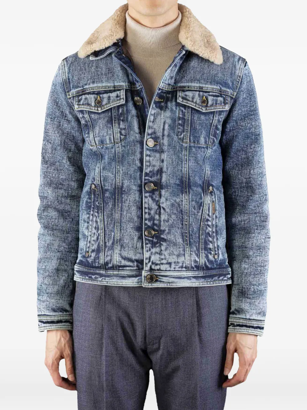 Moorer Denim jack met gemarmerde lammy kraag Blauw