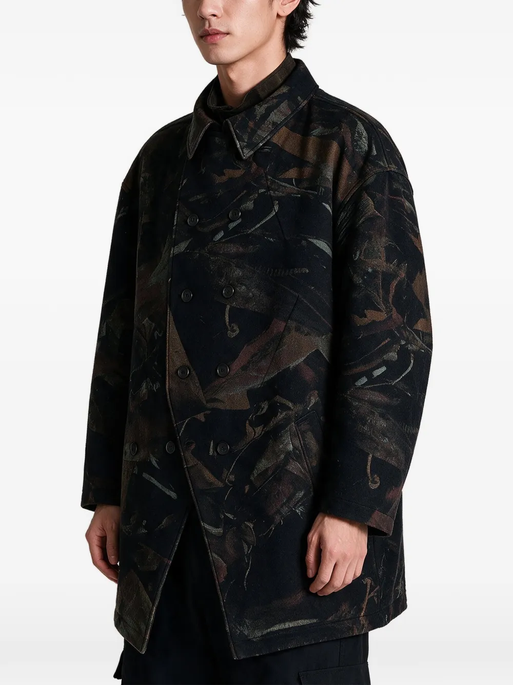 Yohji Yamamoto Jas met dubbele rij knopen en abstract patroon Zwart