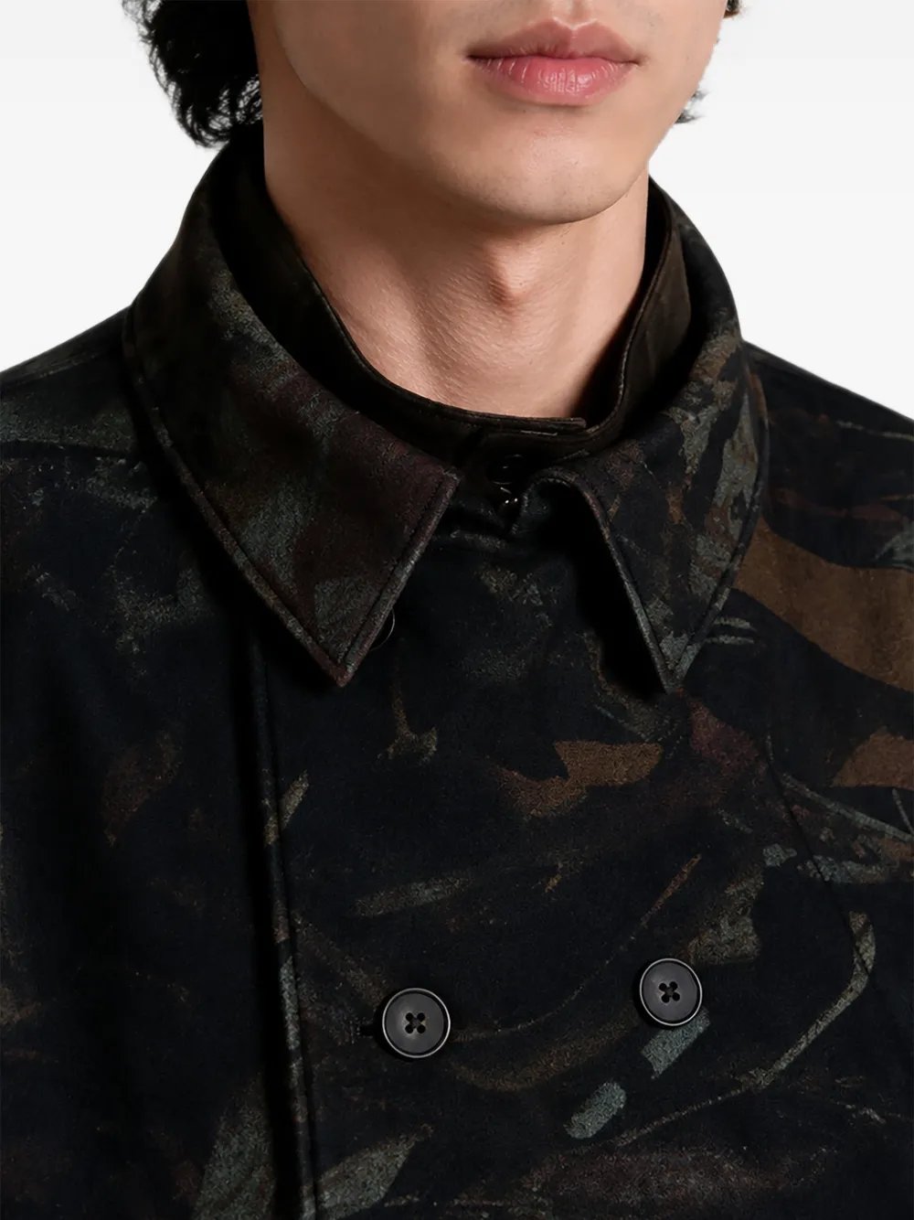 Yohji Yamamoto Jas met dubbele rij knopen en abstract patroon Zwart