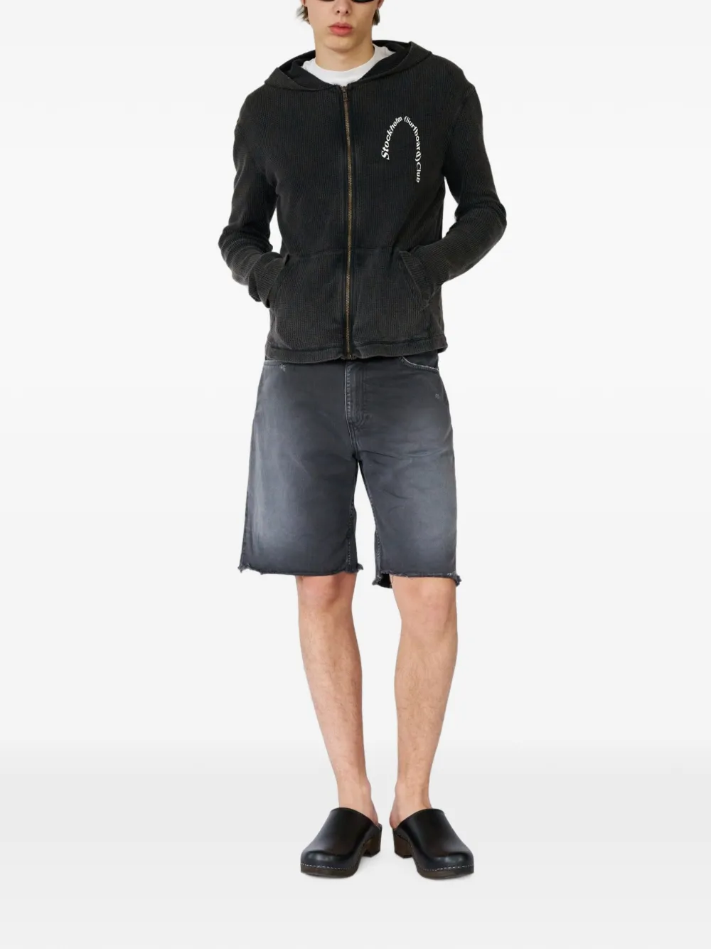 Stockholm Surfboard Club Wafelgebreide hoodie met logo-print Zwart