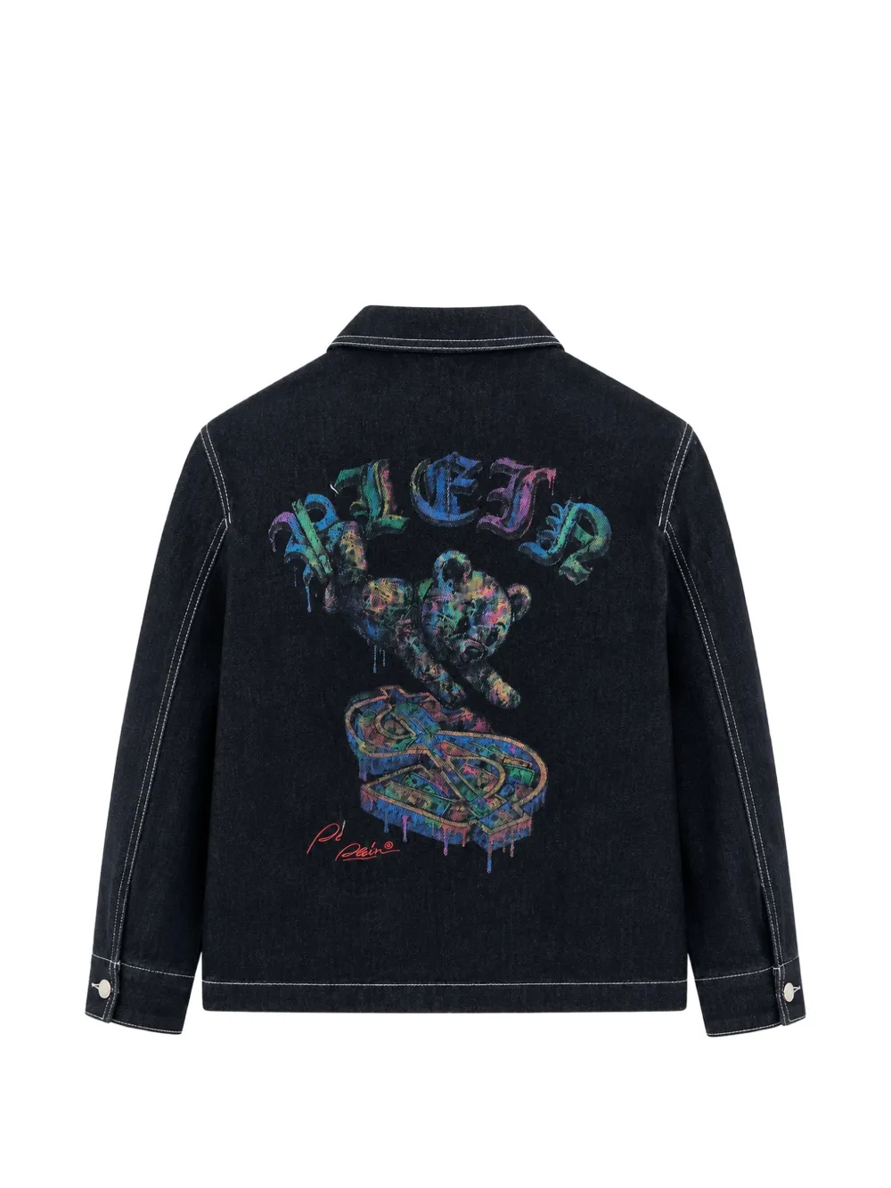 Philipp Plein Junior Denim jack met contrasterende stiksels en grafische print Blauw