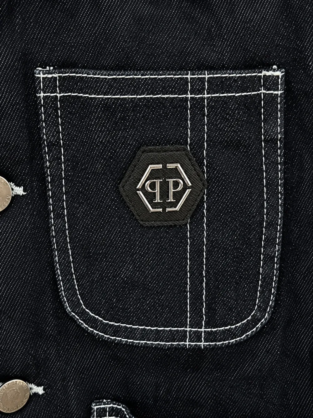 Philipp Plein Junior Denim jack met contrasterende stiksels en grafische print Blauw