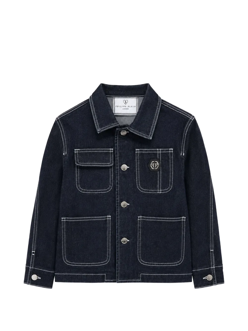 Philipp Plein Junior veste en jean à imprimé graphique et surpiqûres contrastantes - Bleu