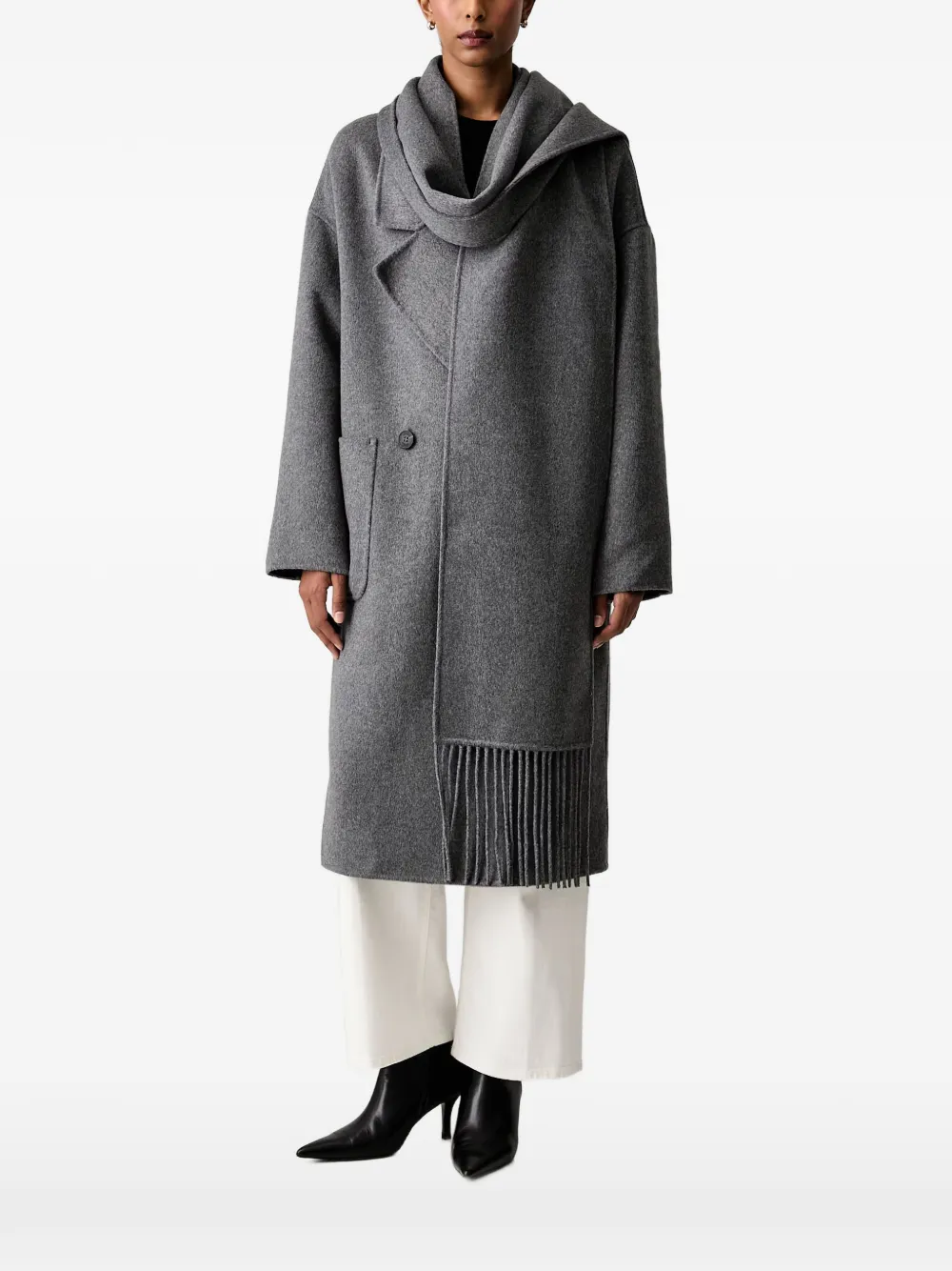 VICOLO fringe-trimmed scarf-detail coat