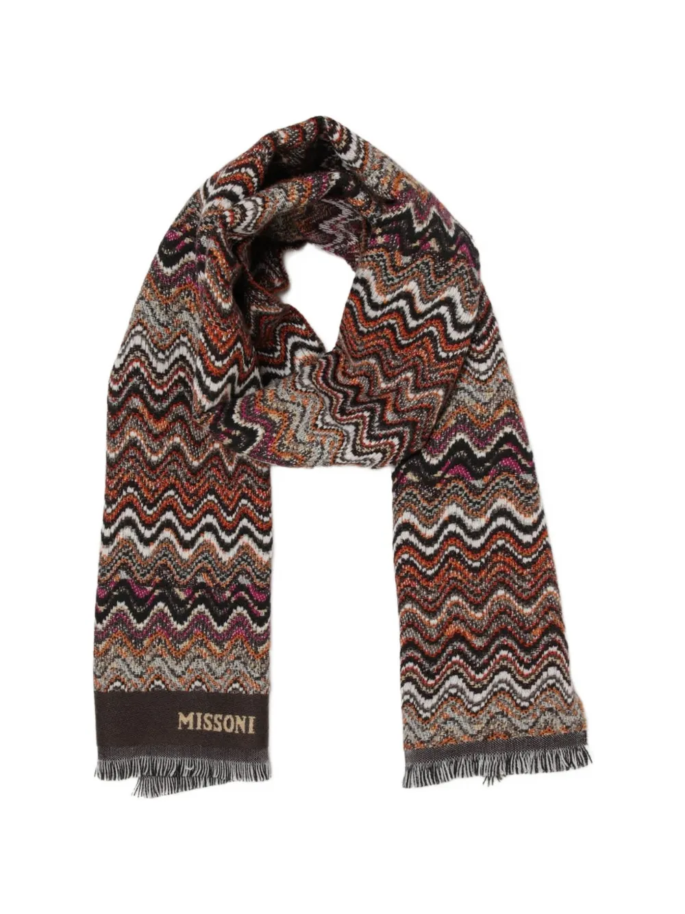 Missoni zigzag-pattern knit fringed scarf - Marrone