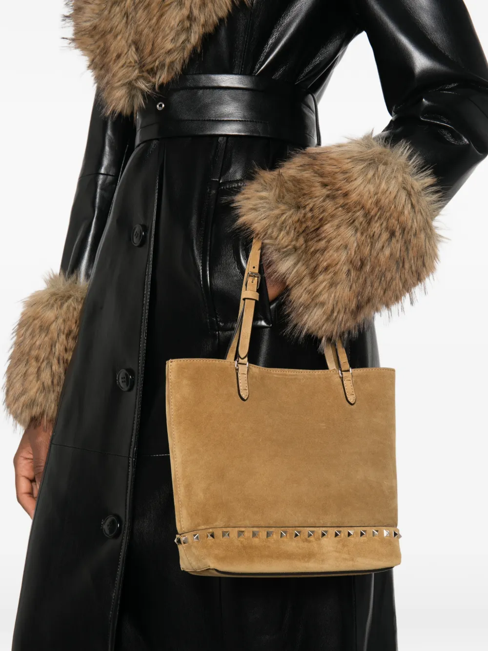 Valentino Garavani beige suede small Rockstud bucket bag