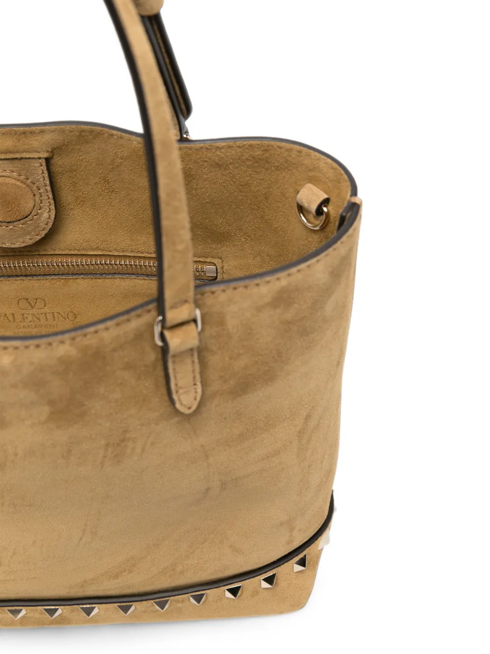 Valentino Garavani beige suede small Rockstud bucket bag