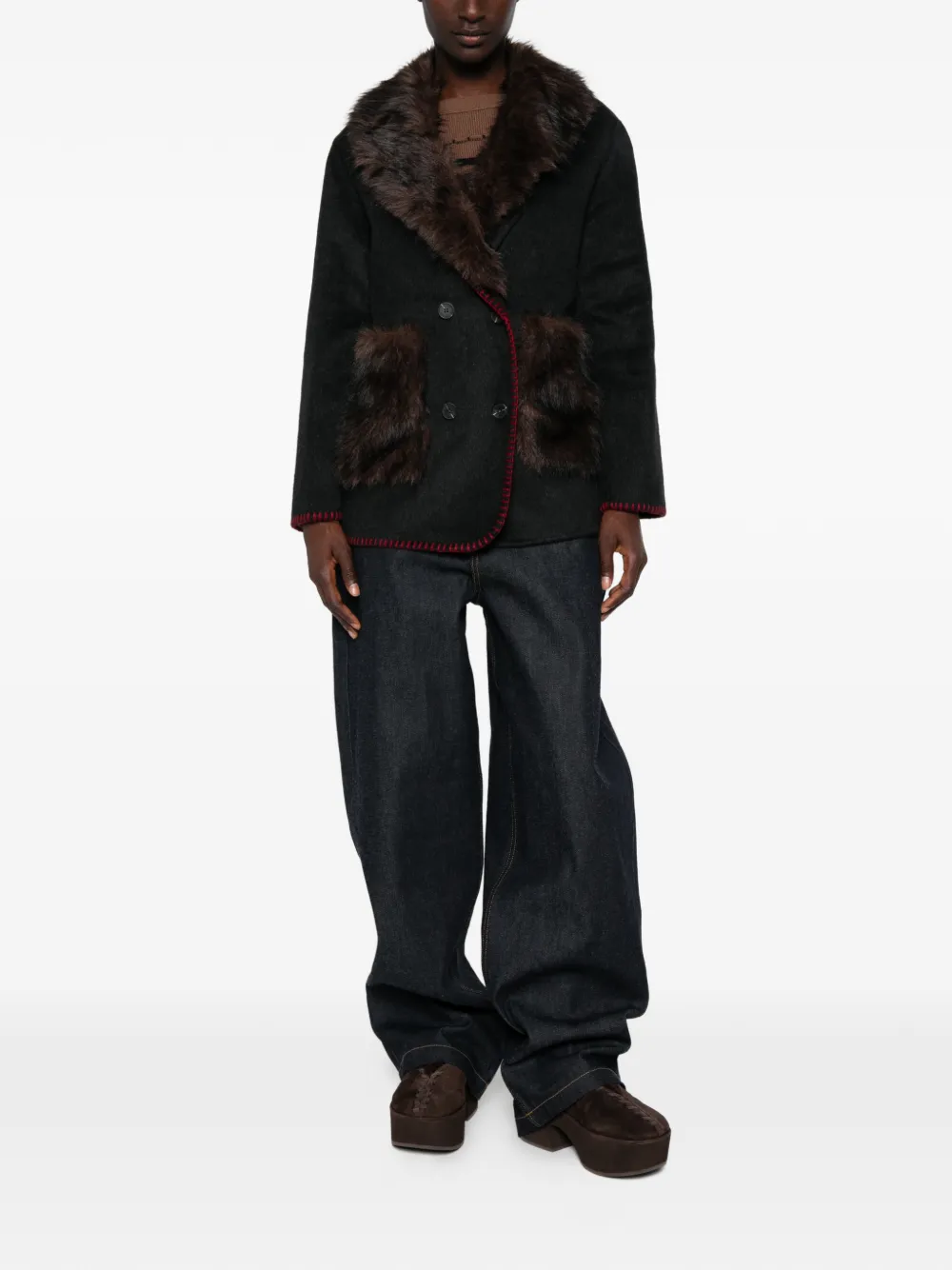 FRONT STREET 8 faux-fur double-breasted coat - Nero