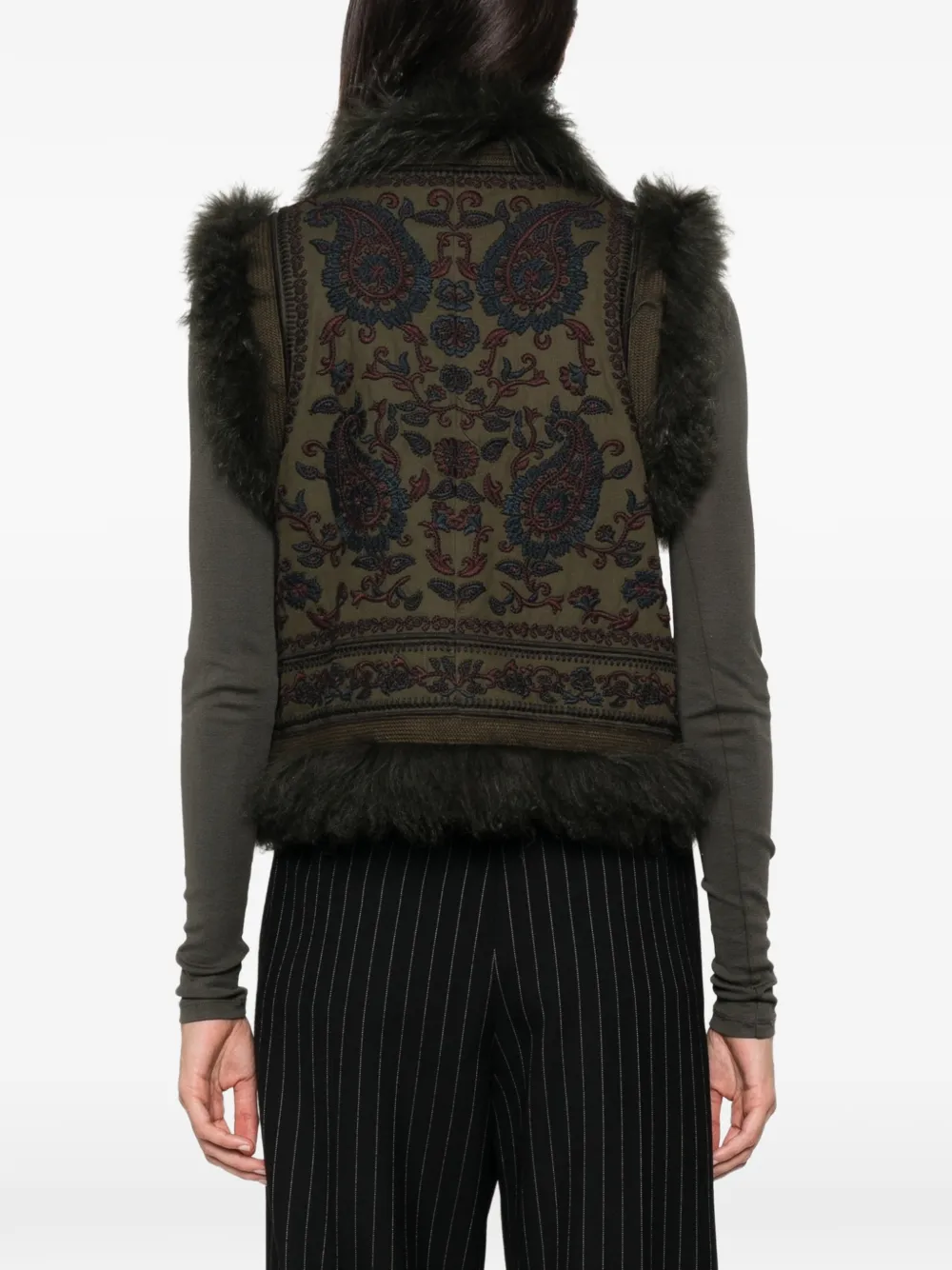 Antik Batik Bodywarmer met paisley-borduurwerk en afwerking van imitatiebont Groen