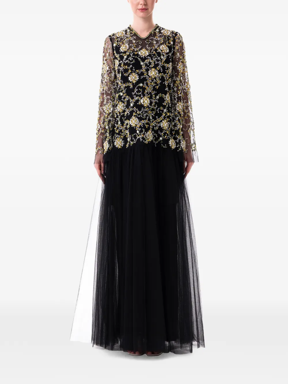 Dina Melwani floral-embellished layered maxi dress