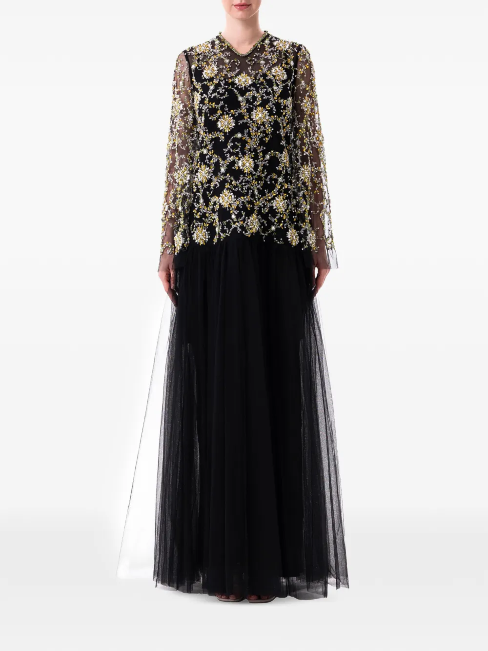 Dina Melwani floral-embellished layered maxi dress - Black