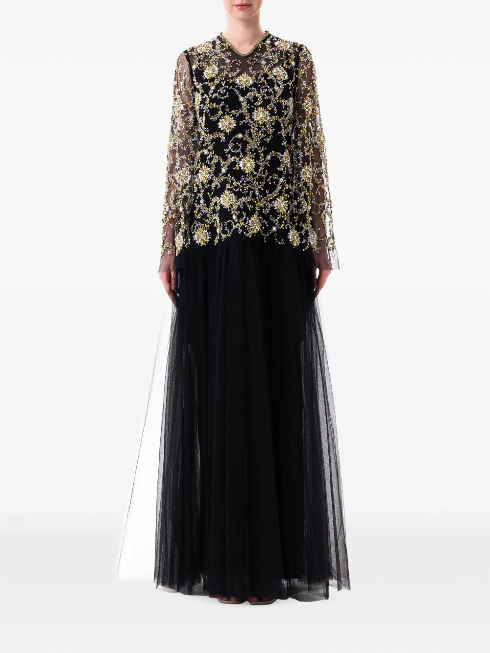 Dina Melwani floral-embellished layered maxi dress - Black