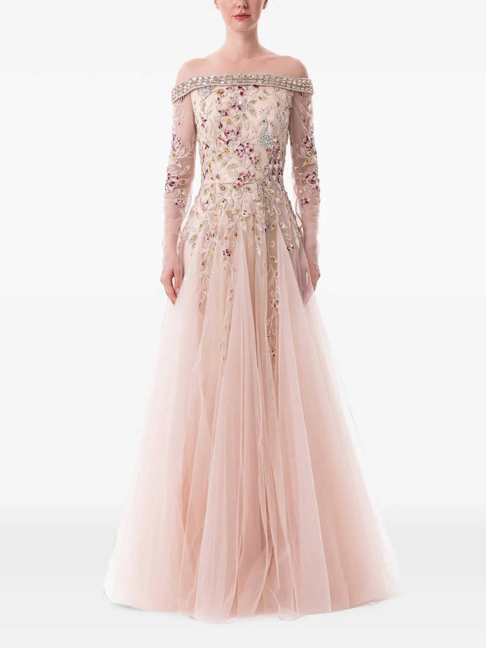 Dina Melwani Peacock-embroidered off-shoulder maxi dress