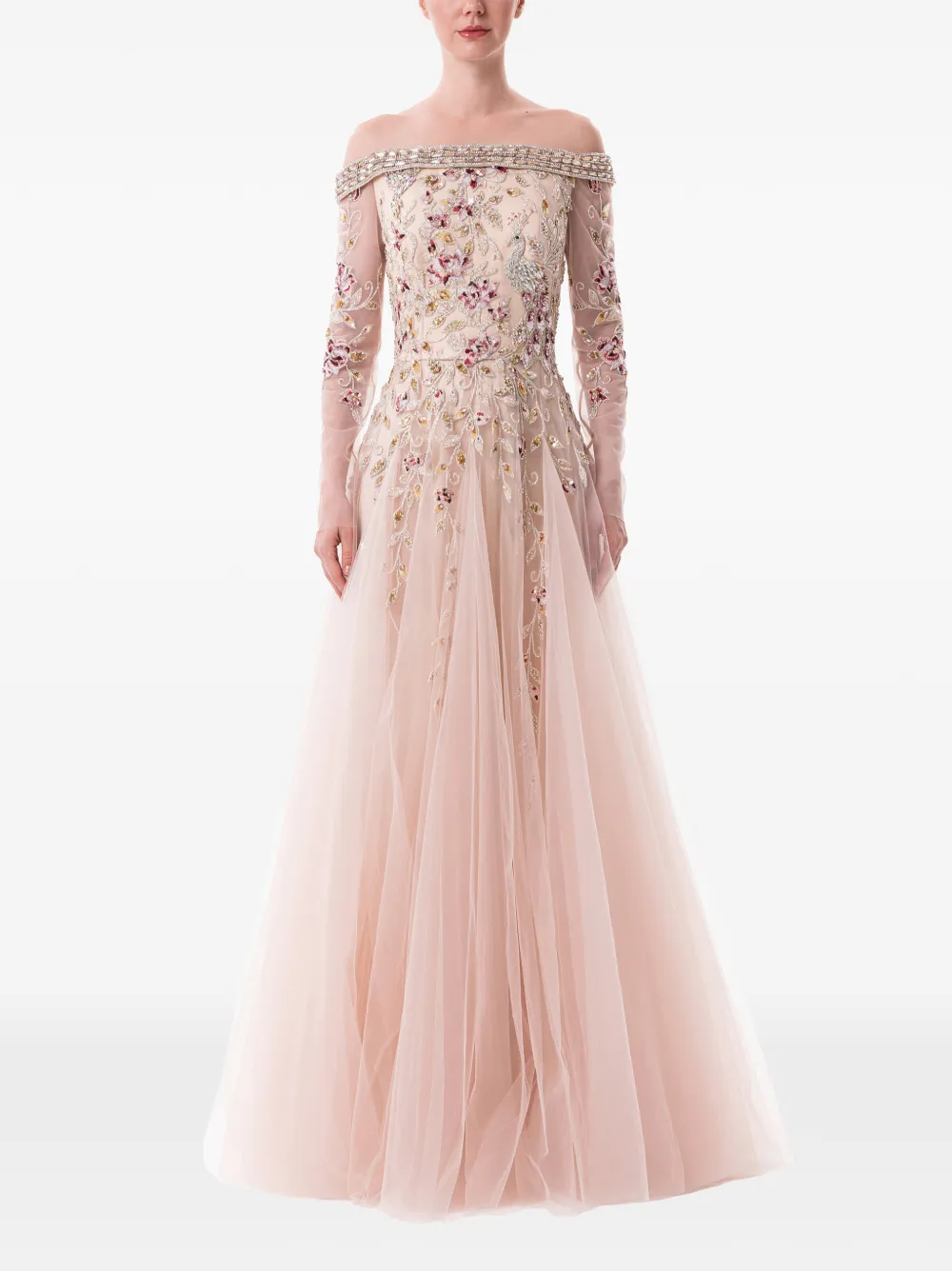 Dina Melwani Peacock-embroidered off-shoulder maxi dress
