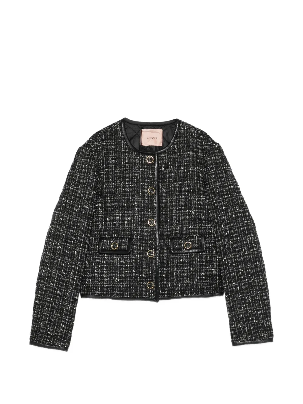 Twinset Bouclé Leather-trim Jacket In Black