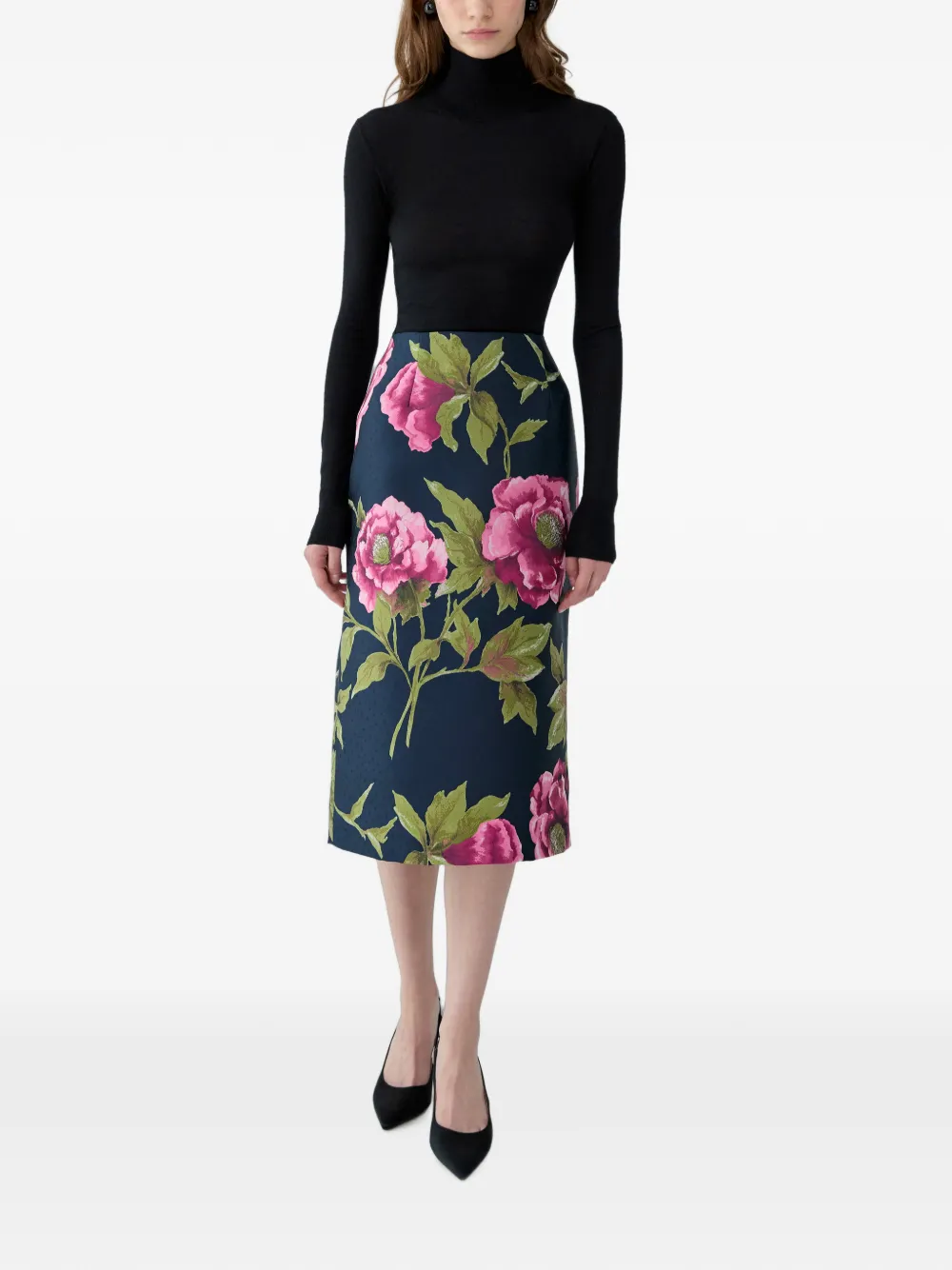 Carolina Herrera peony-jacquard midi pencil skirt Blauw