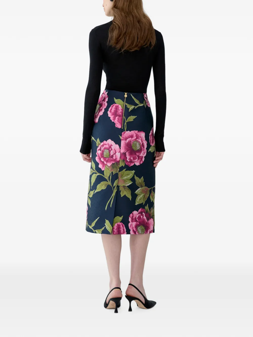 Carolina Herrera peony-jacquard midi pencil skirt Blauw
