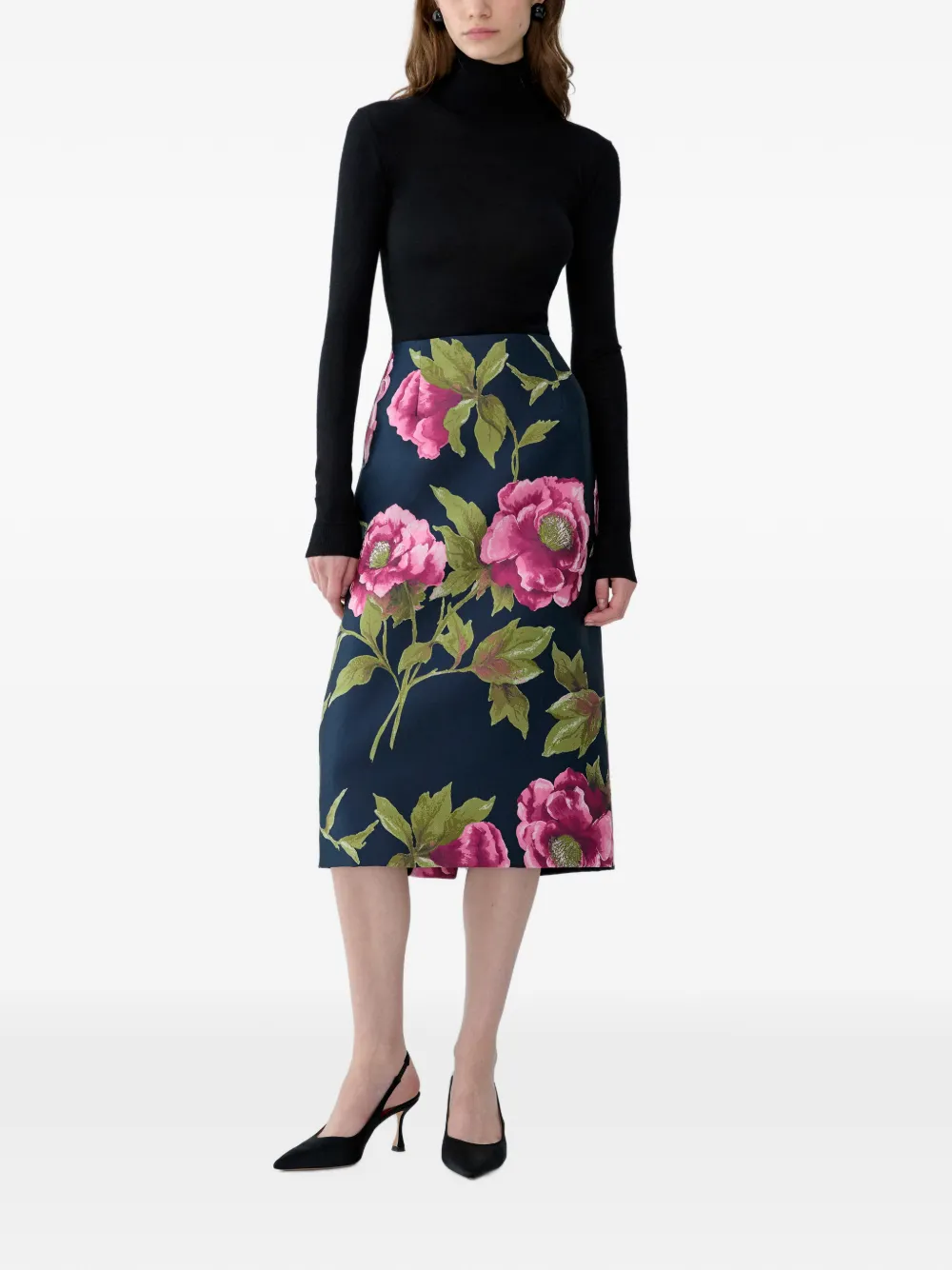 Carolina Herrera peony-jacquard midi pencil skirt Blauw