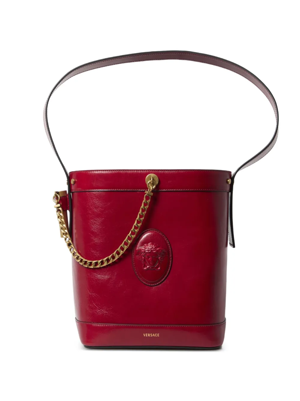 Versace Pivot small leather bucket bag Rood