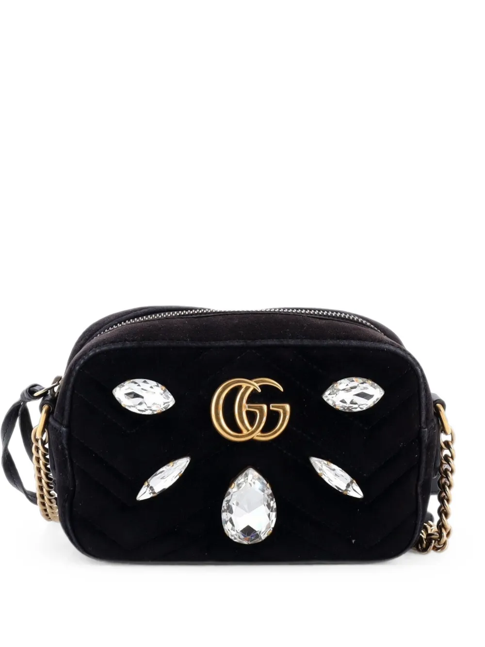 Gucci Pre-Owned GG Marmont Crystal Embellished Matelasse Velvet Mini shoulder bag - Black