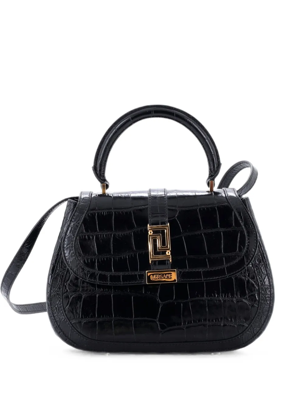 Versace Pre-Owned Greca Goddess Top Handle Bag Crocodile Embossed Leather Medium satchel - Nero