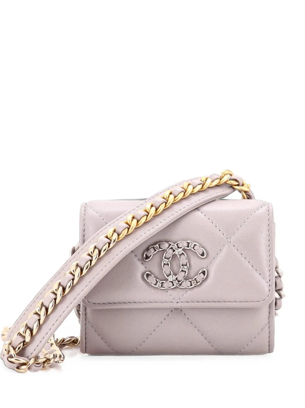 CHANEL Pre-Owned 19 Card Holder on Chain Quilted Leather clutch bag - Grigio