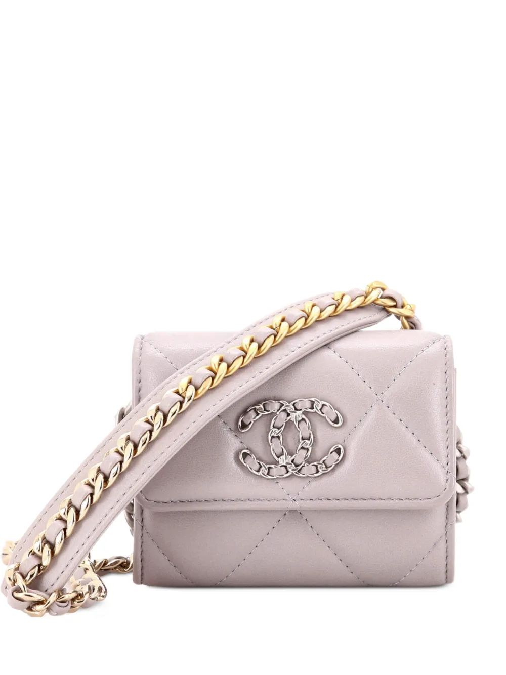 CHANEL Pre-Owned 19 Card Holder on Chain Quilted Leather clutch bag - Grigio