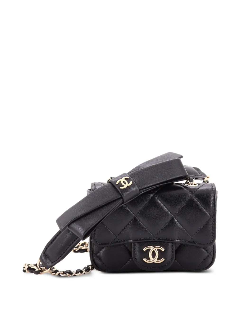 CHANEL Pre-Owned Bow Strap Card Holder on Chain Quilted Lambskin clutch bag - Nero