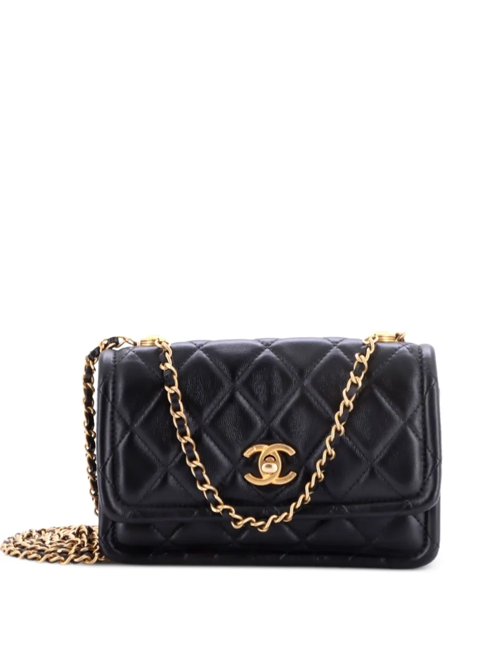 CHANEL Pre-Owned Button on Top Flap Clutch with Chain Quilted Shiny Lambskin Small shoulder bag - Nero