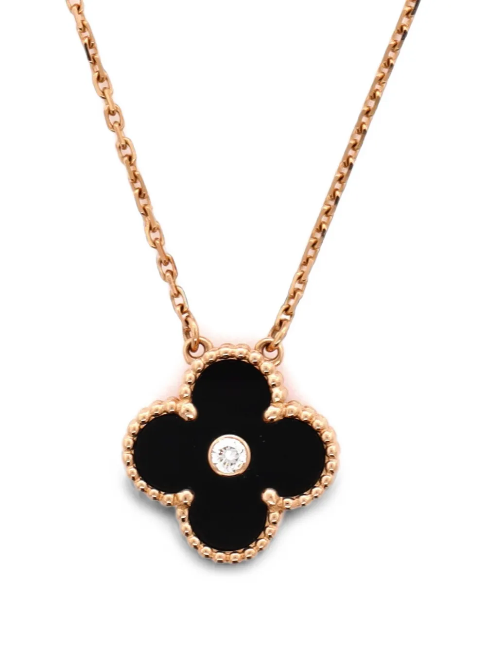 Van Cleef & Arpels Pre-Owned Vintage Alhambra Pendant 18K Rose Gold and Onyx with Diamond necklace - Rosa