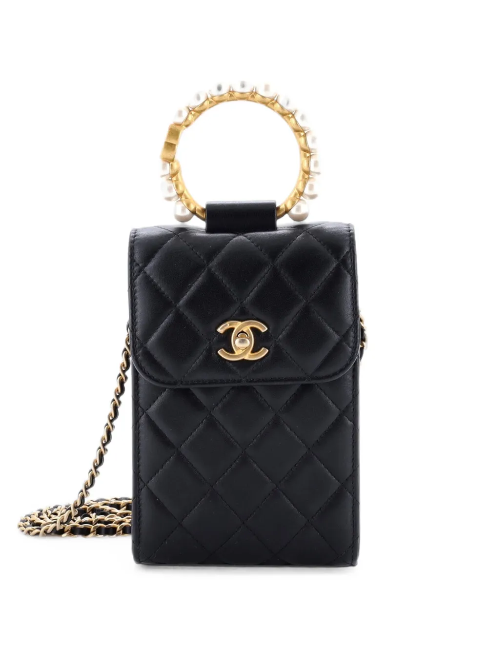 CHANEL Pre-Owned Pearl Crown Phone Holder with Chain Quilted Lambskin crossbody bag - Nero