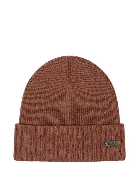 BOSS rib-knit virgin-wool beanie with logo plaque