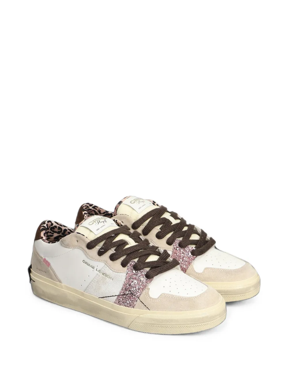 Crime London Playoff glitter-panel leopard-print sneakers Wit