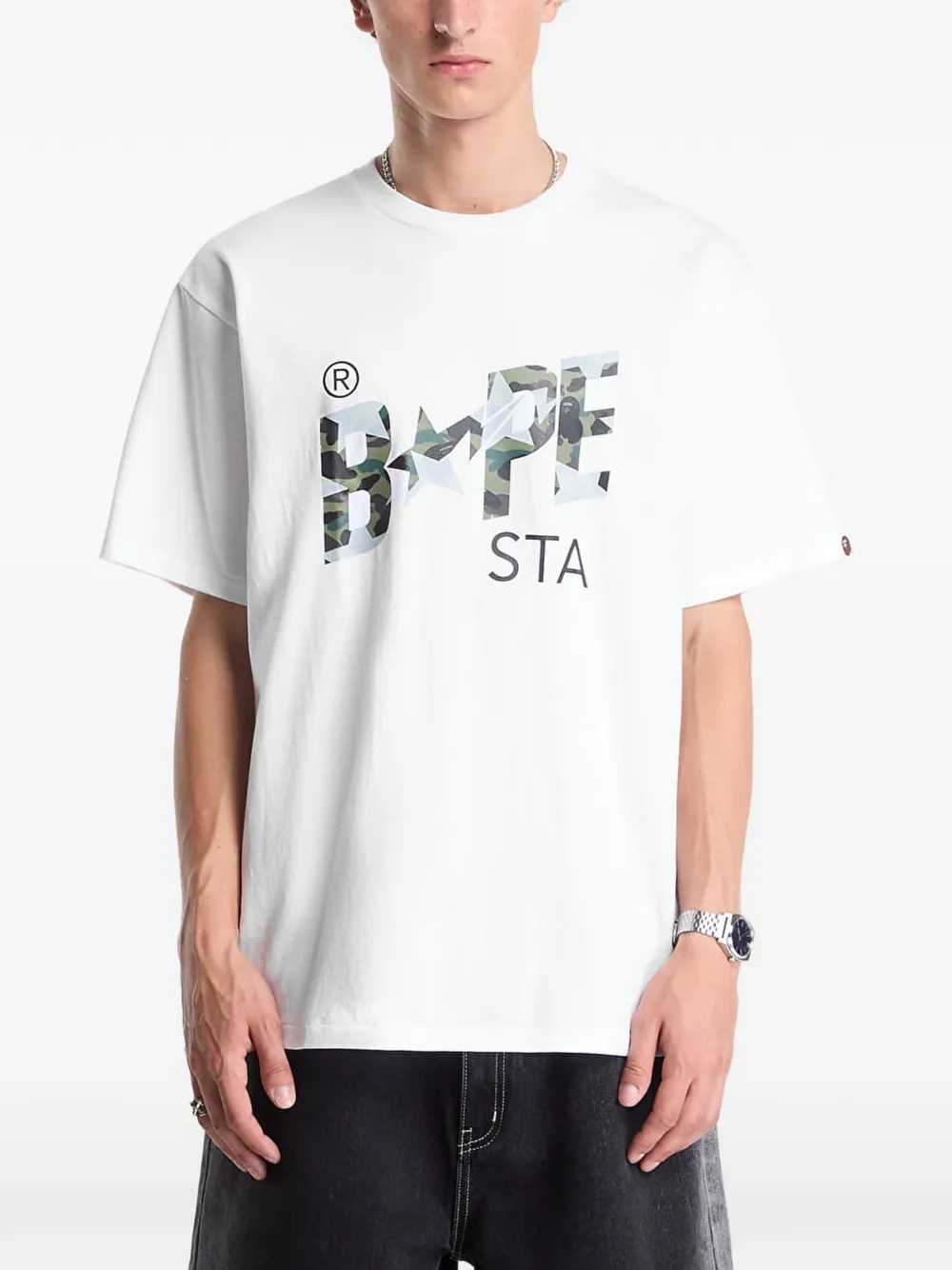 A BATHING APE 1st Camo Bape Sta over-print T-shirt Wit