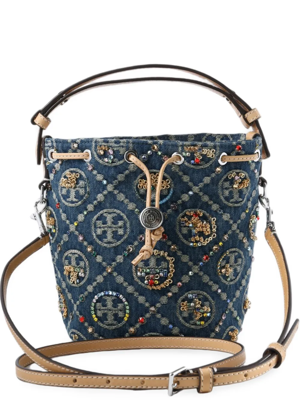 Tory Burch T Monogram denim embellished mini bucket bag - Blu