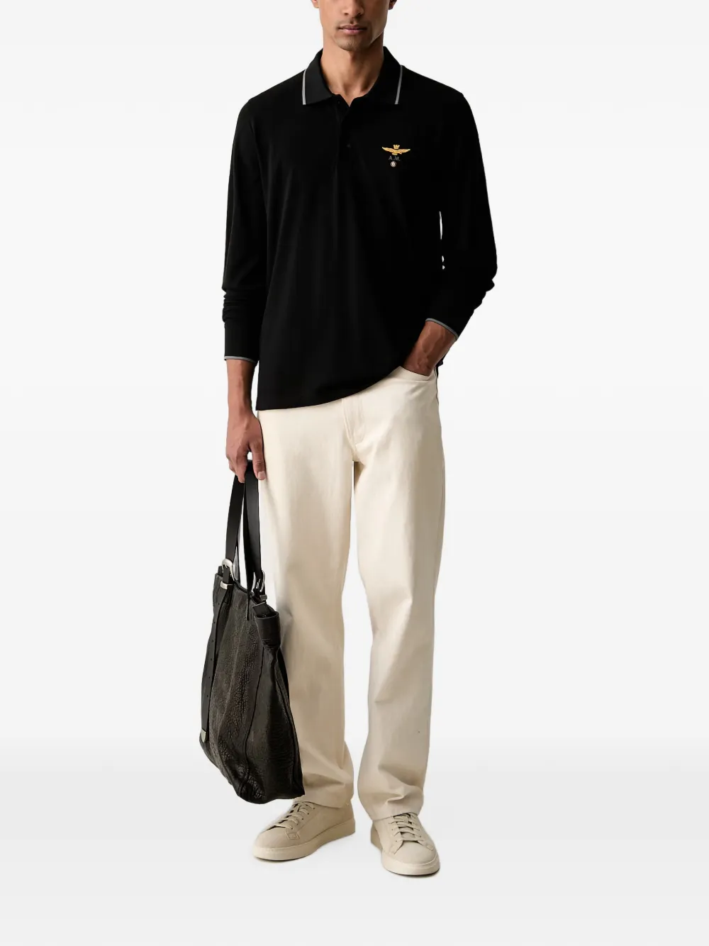 Aeronautica Militare Poloshirt met lange mouwen en geborduurd logo Zwart