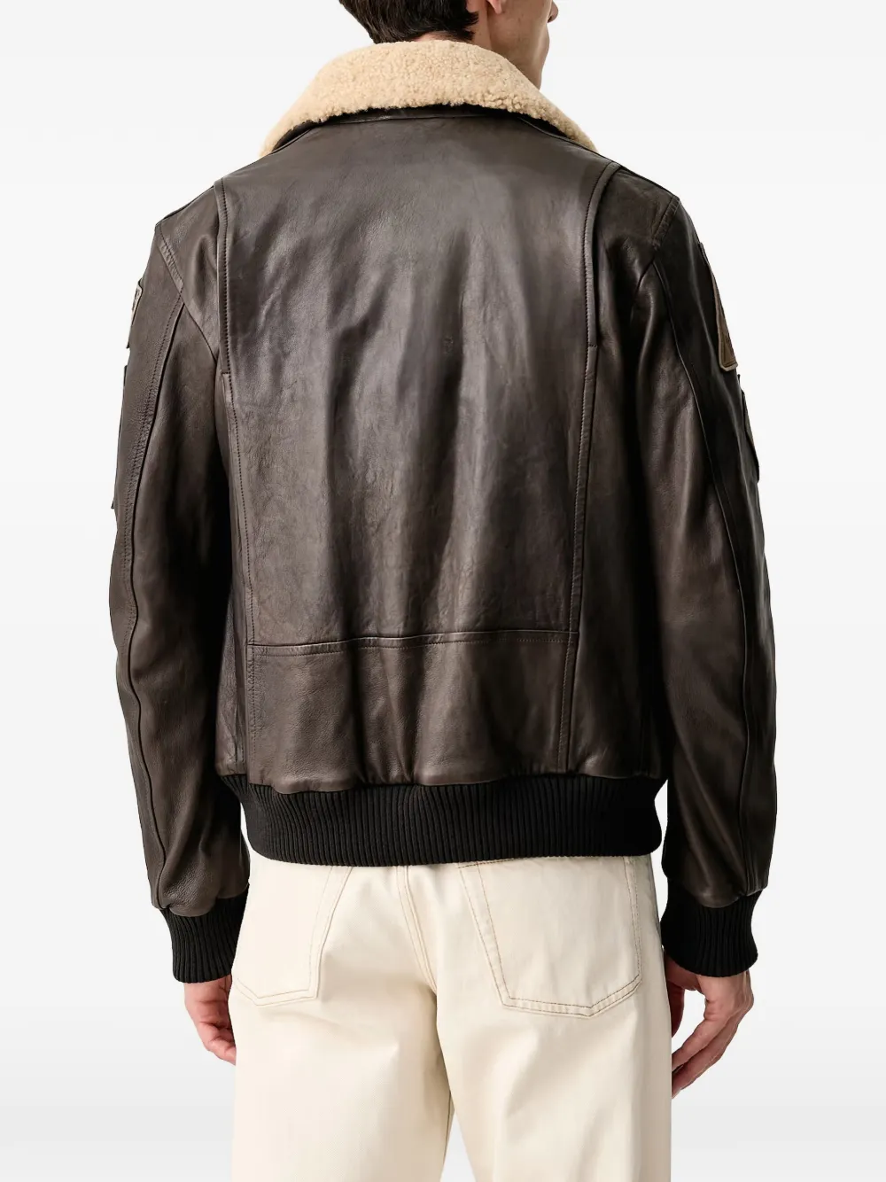 Aeronautica Militare Leren jack met patchdetail en lamswollen kraag Bruin