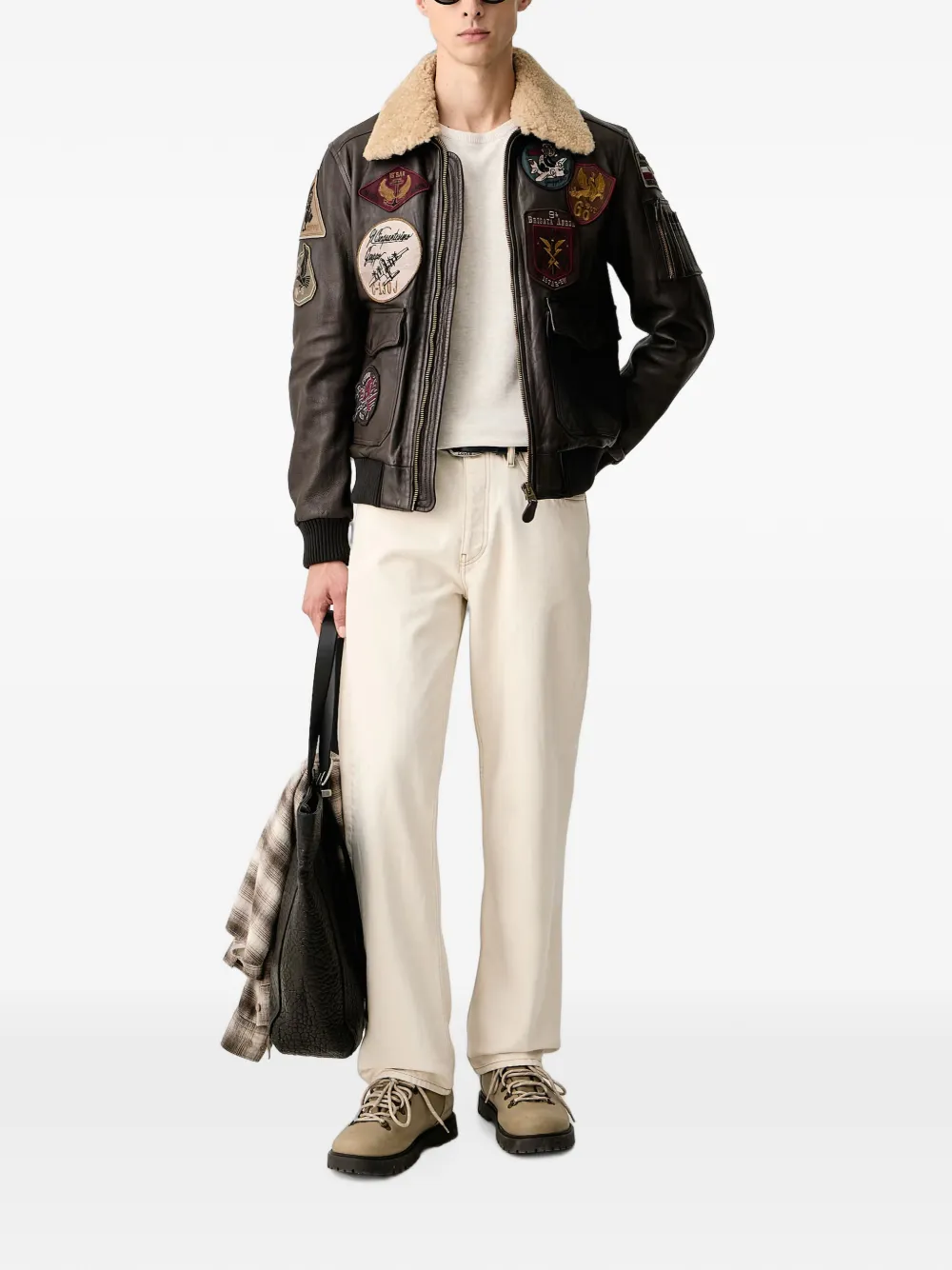 Aeronautica Militare Leren jack met patchdetail en lamswollen kraag Bruin
