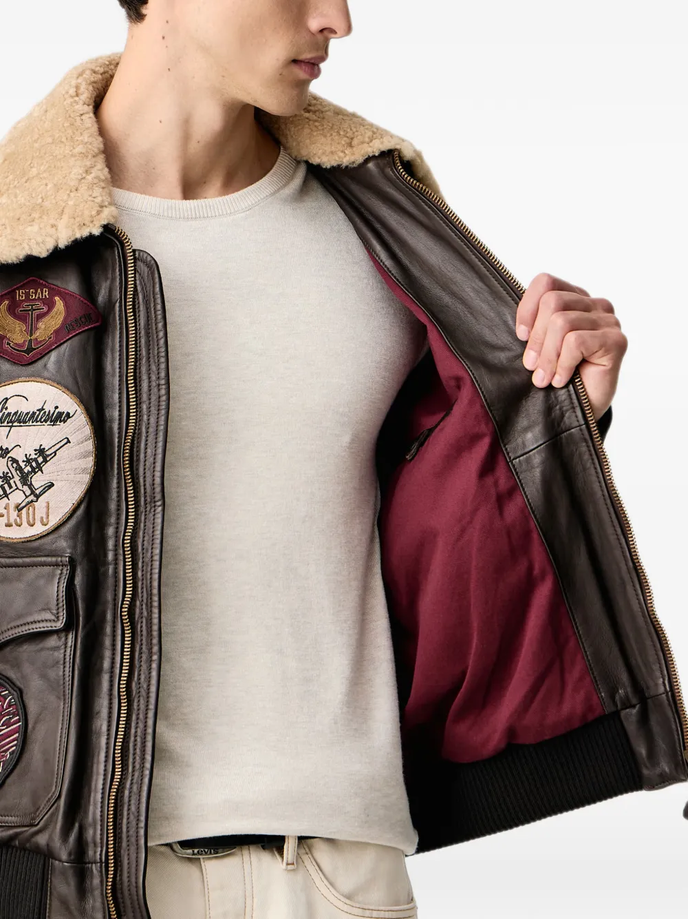 Aeronautica Militare Leren jack met patchdetail en lamswollen kraag Bruin