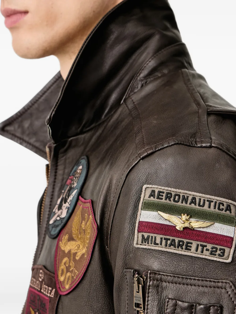 Aeronautica Militare Leren jack met patchdetail en lamswollen kraag Bruin