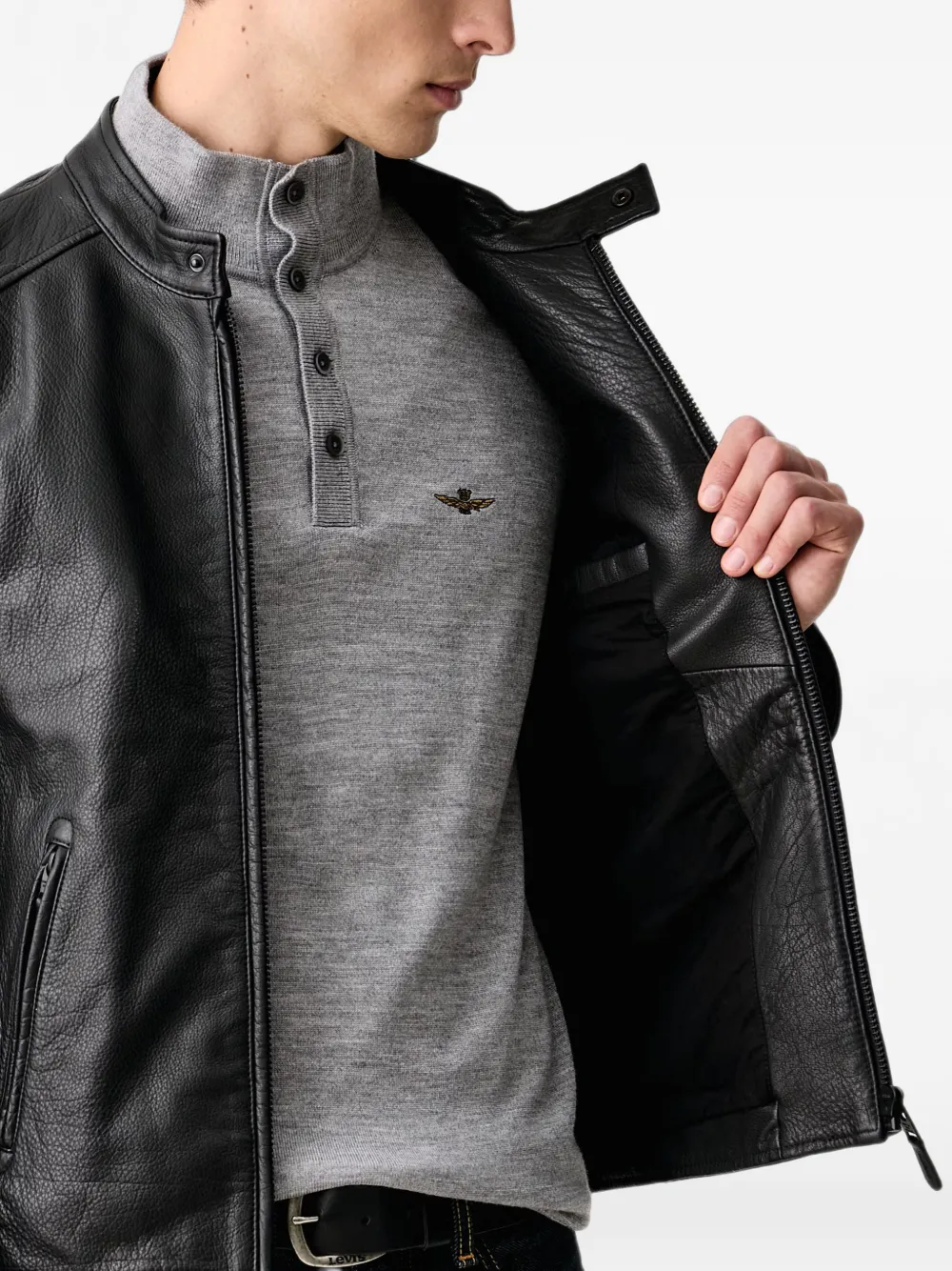 Aeronautica Militare Leren jack met logopatch Zwart