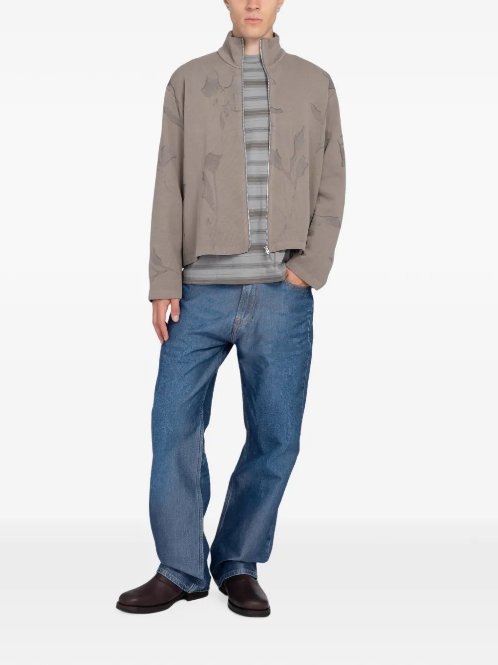 OUR LEGACY Shrunken floral-print zip sweatshirt Beige