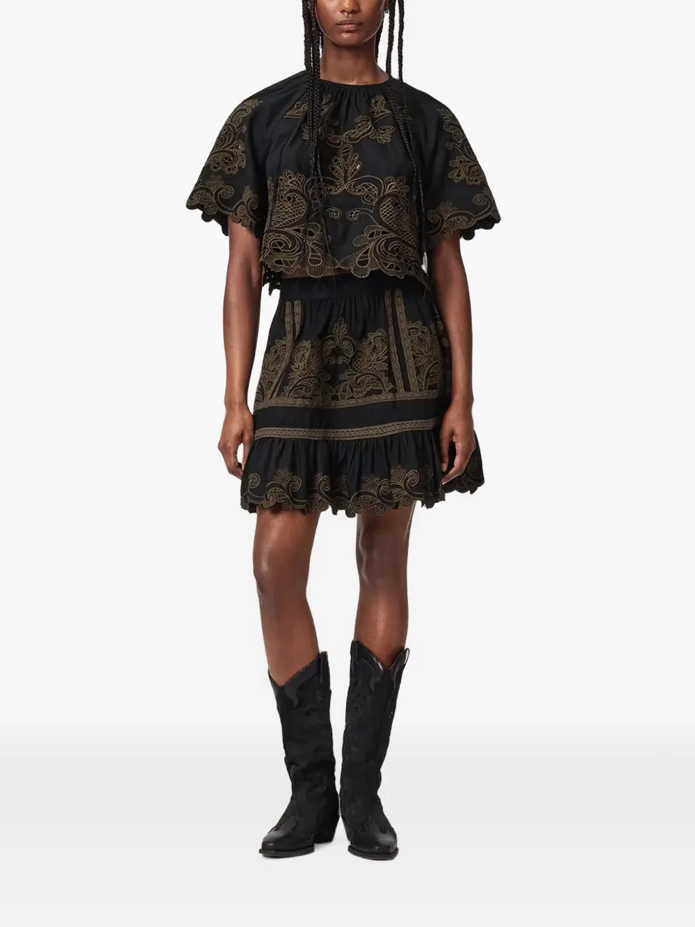 AllSaints embroidered scalloped-edge blouse Zwart