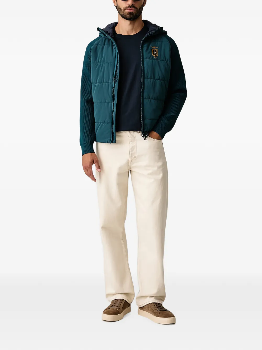 Aeronautica Militare Gewatteerd jack met capuchon en geribbelde vlakken Blauw